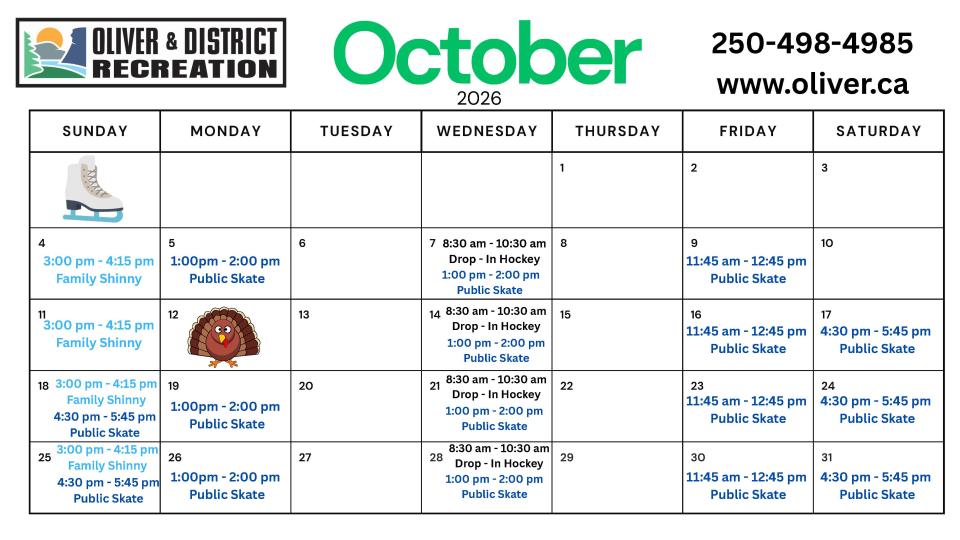 A calendar of all on ice October recreational skating programs